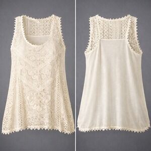 Eyeshadow Womens XL Ivory Lace Boho Tank Top Sleeveless Pom Pom shark bite trim